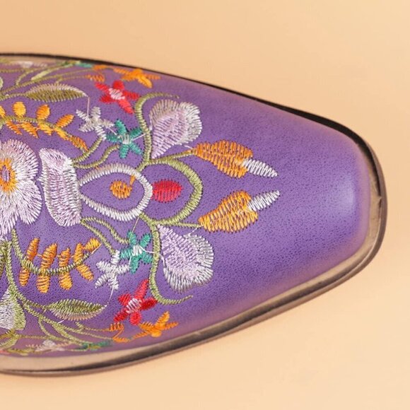 Women Flower Embroidered Ankle Booties Purple Synthetic Chunky Heel Short Boots - Picture 3 of 6